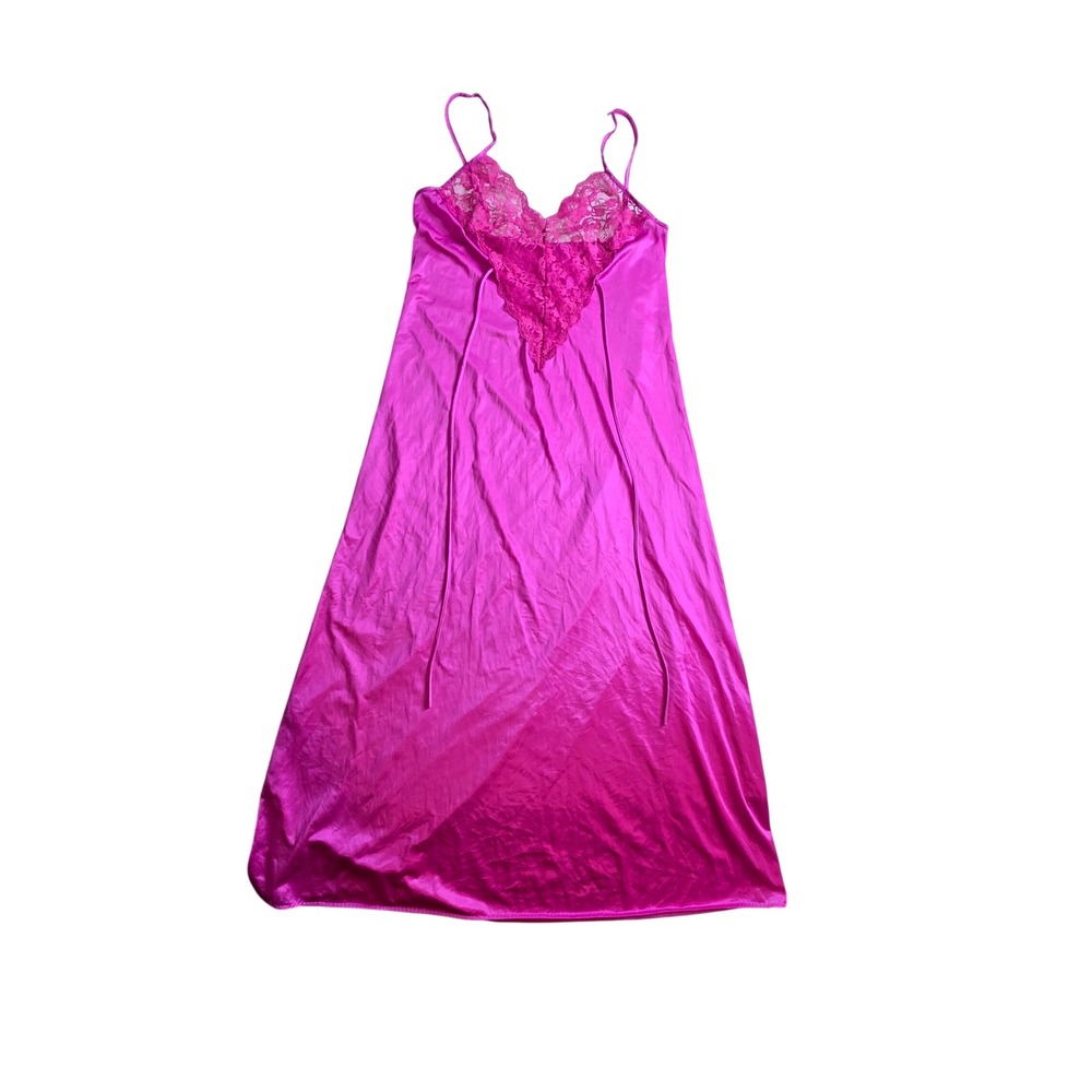 Vtg Glencraft Lingerie Hot Pink Fuschia Lace Trim Nightgown Lg ILGWU Union Made